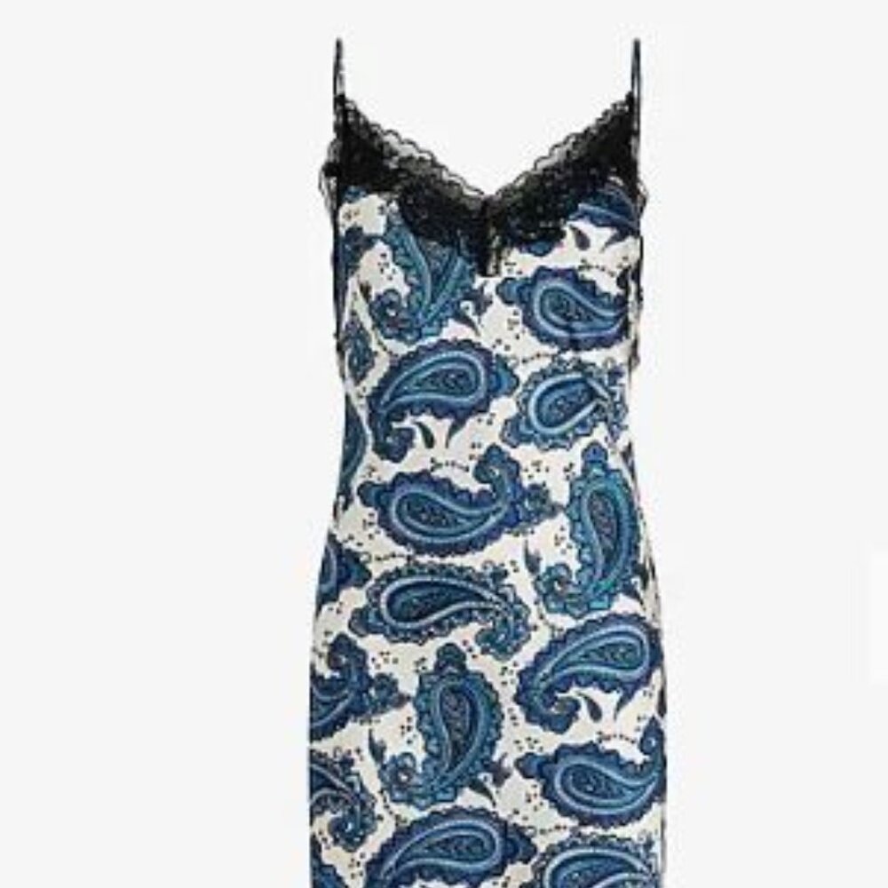 Satin Printed Lace Trim V-Neck Midi Downtown Cami Slip Dress